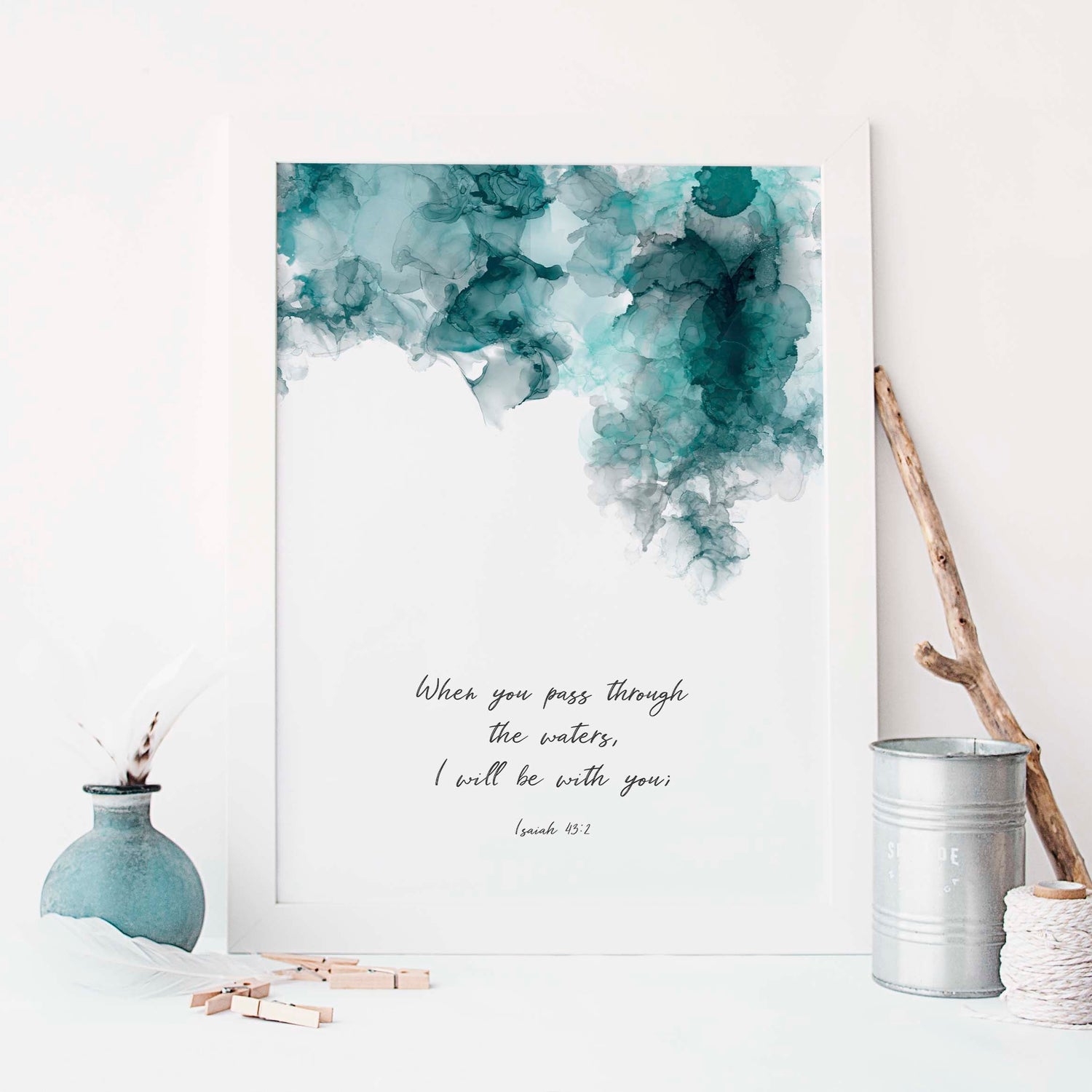 Isaiah 43 2 Wall Art Print, Contemporary Christian Wall Art Decor, Modern Bible Verse Quote, Watercolour Scripture Print