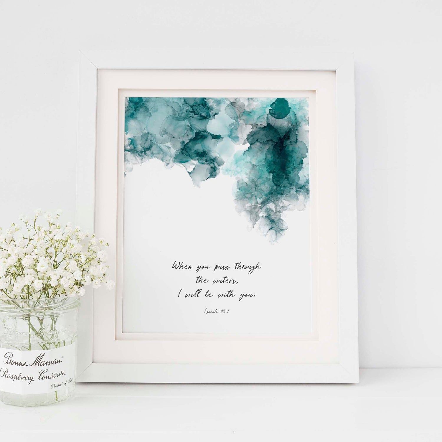 Serene turquoise and black ink design print, Encouraging wall art for Christian homes, decor with Isaiah 43:2 scripture