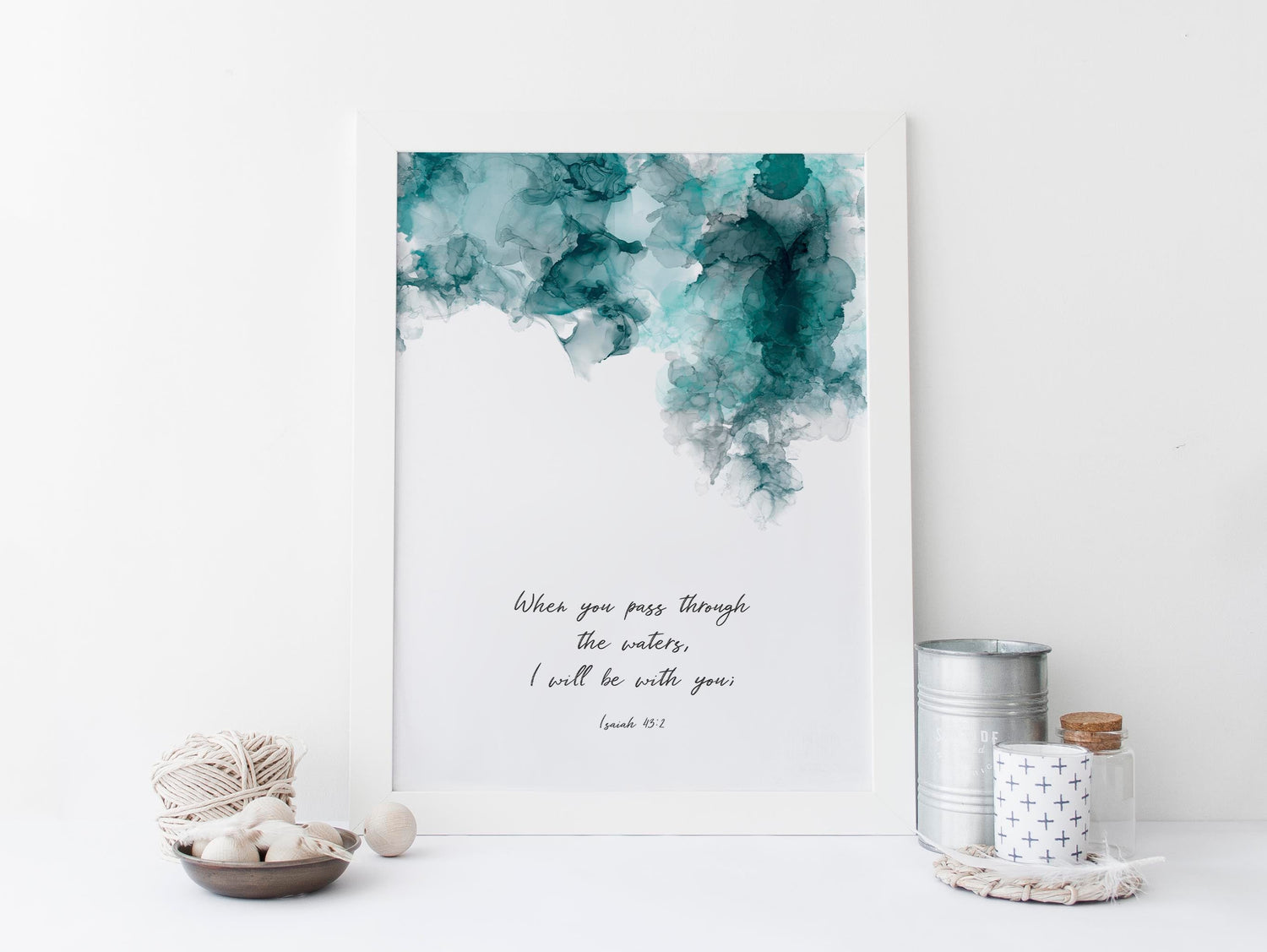Serene turquoise and black ink design print, Encouraging wall art for Christian homes, decor with Isaiah 43:2 scripture