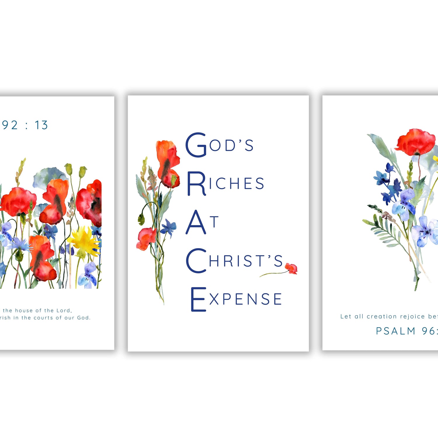 Inspirational Bible verse wall art set, Grace acronym Christian print set, Psalm 92:13 poppy and cornflower print