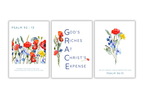 Inspirational Bible verse wall art set, Grace acronym Christian print set, Psalm 92:13 poppy and cornflower print