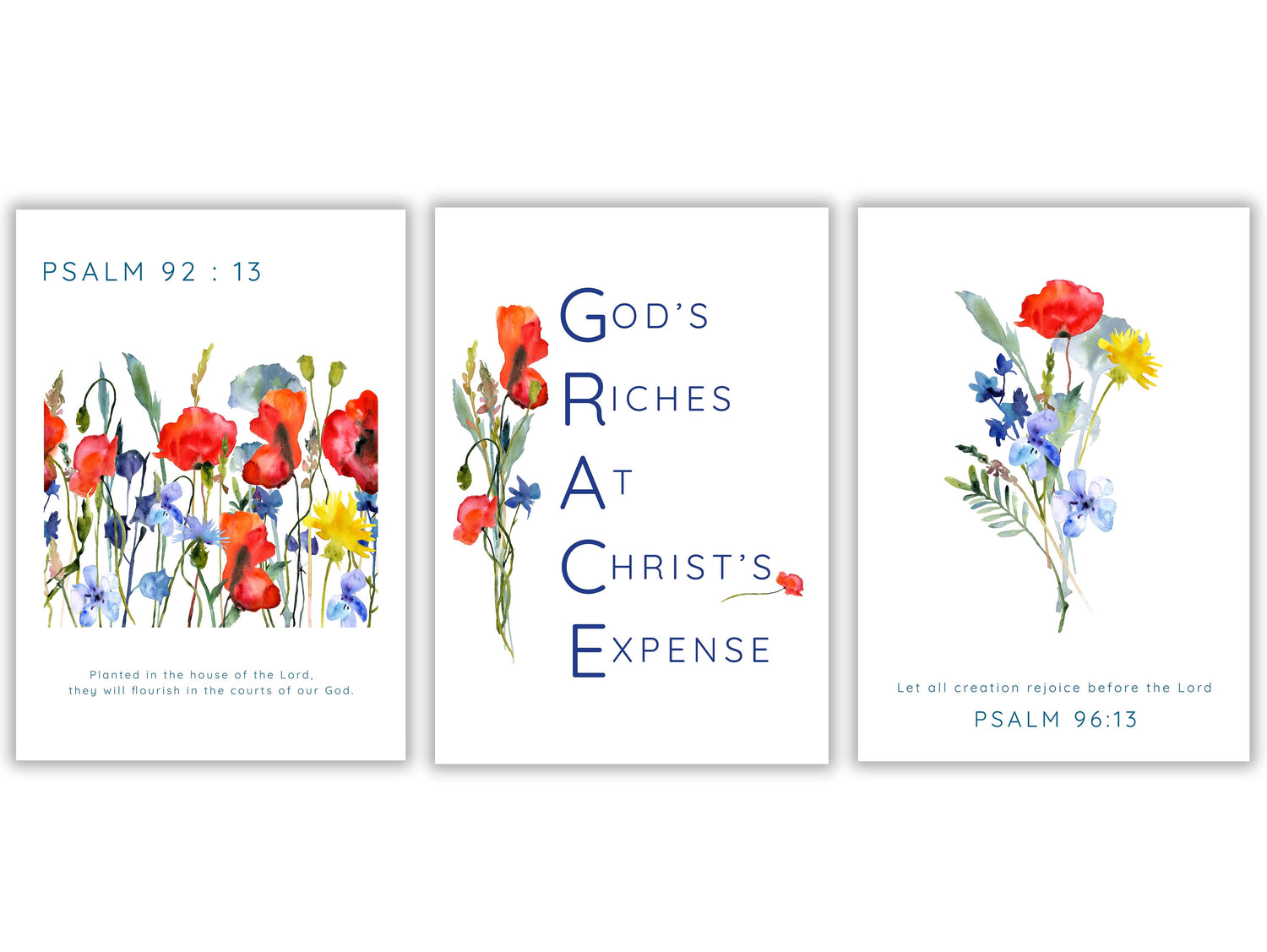 Inspirational wildflower wall prints, Psalm 92:13 blooming wildflower art, Grace acronym Christian scripture prints