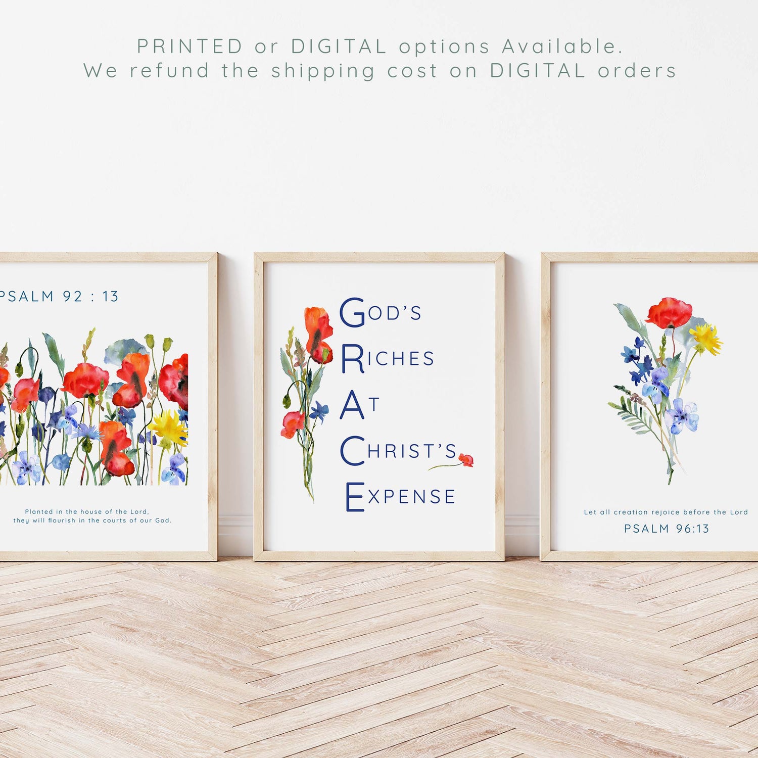Inspirational wildflower wall prints, Psalm 92:13 blooming wildflower art, Grace acronym Christian scripture prints