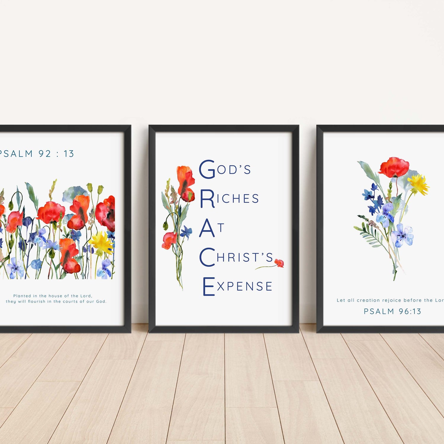 Wildflower Bible Verse Quotes, Floral Modern Scripture Wall Art, Wildflower scripture prints Psalm 92:13, Poppy and cornflower scripture