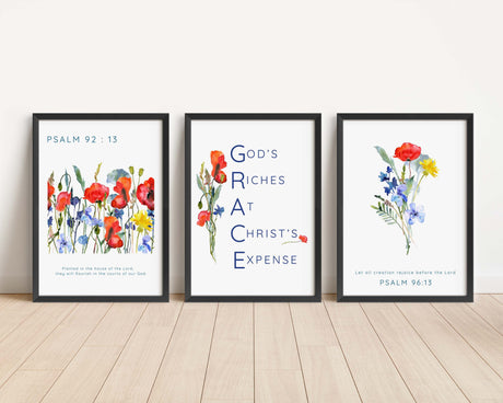 Wildflower Bible Verse Quotes, Floral Modern Scripture Wall Art, Wildflower scripture prints Psalm 92:13, Poppy and cornflower scripture