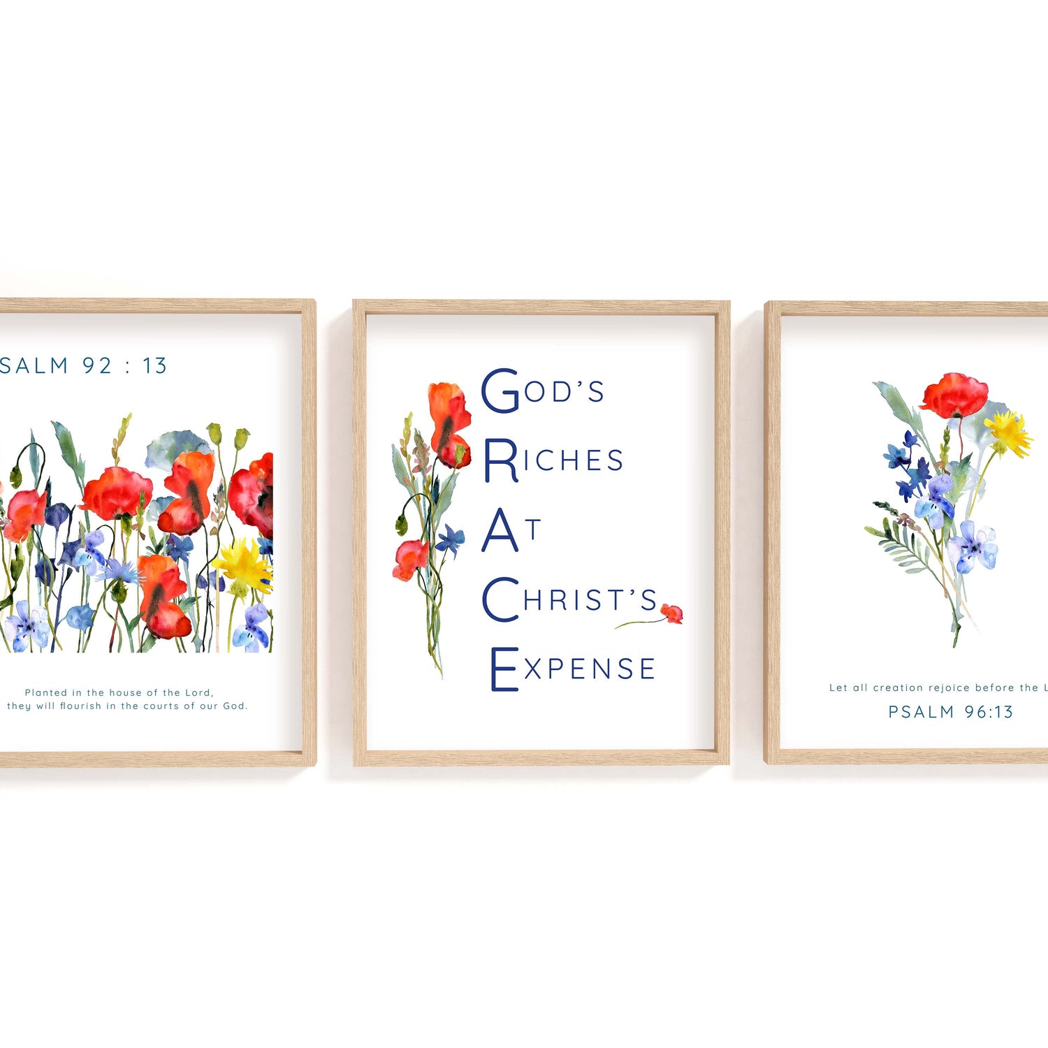 Christian grace acronym floral wall art, Poppies and cornflowers Bible verse set, Modern floral GRACE acronym home decor