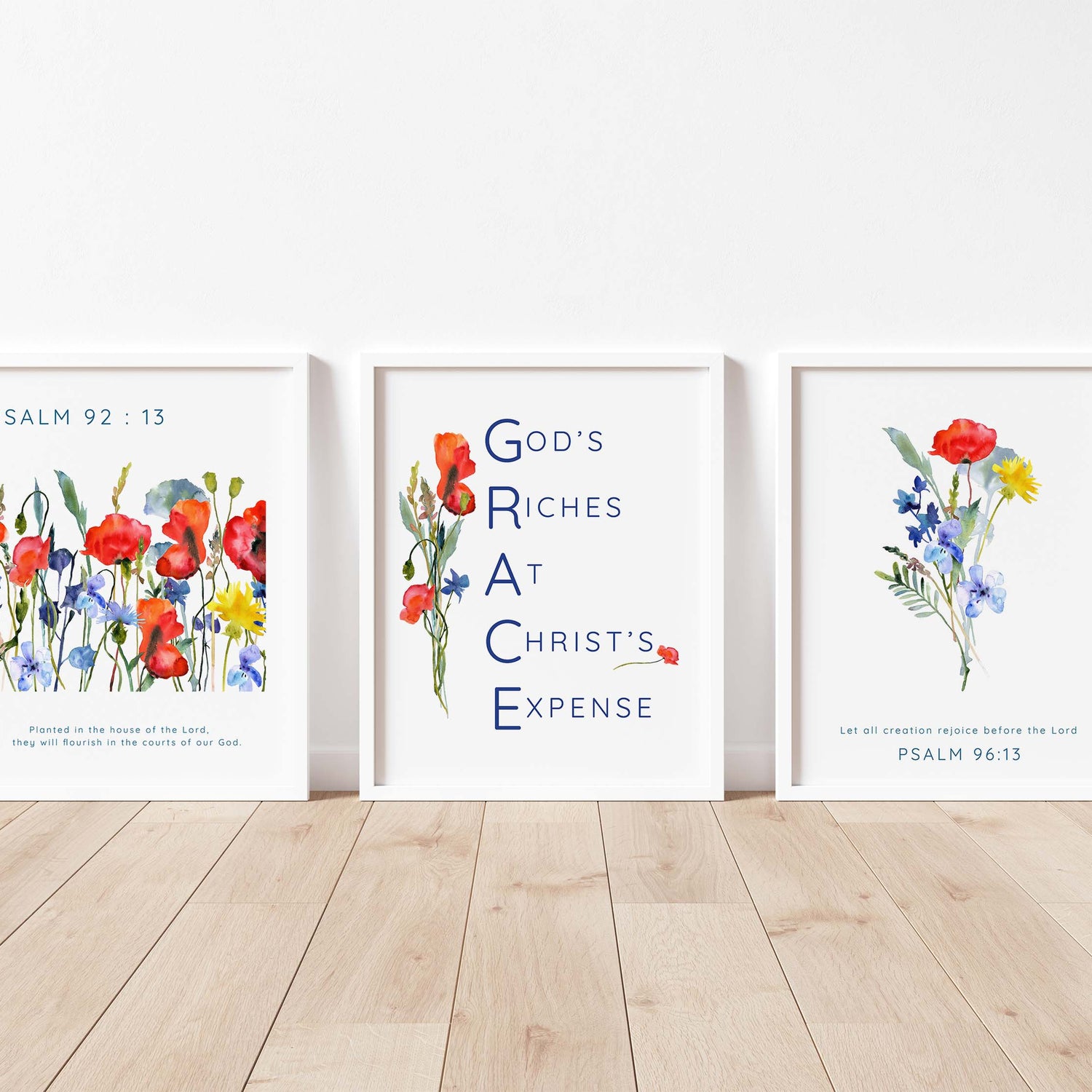 Contemporary wildflower verse wall decor, Christian acronym GRACE floral prints, Psalm 96:13 wildflower praise artwork