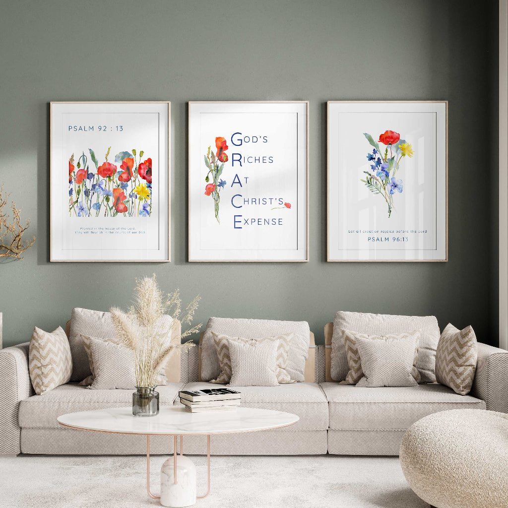 Blossoming faith scripture prints, GRACE acronym Christian home wall art, Inspirational Psalm 92:13 floral prints