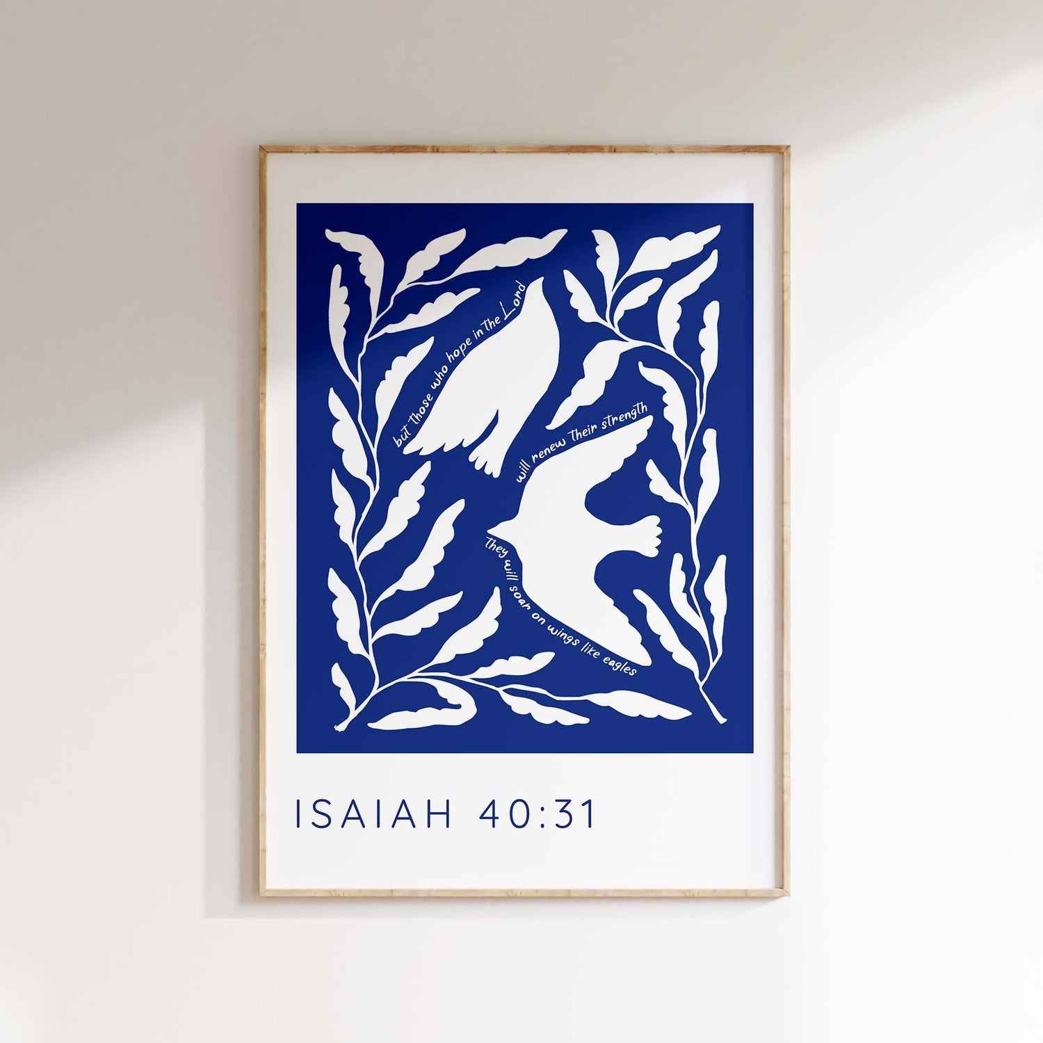 Find hope in the Lord - Isaiah 40:31 Bible prints with white birds soaring on wings like eagles against a dark blue backdrop.