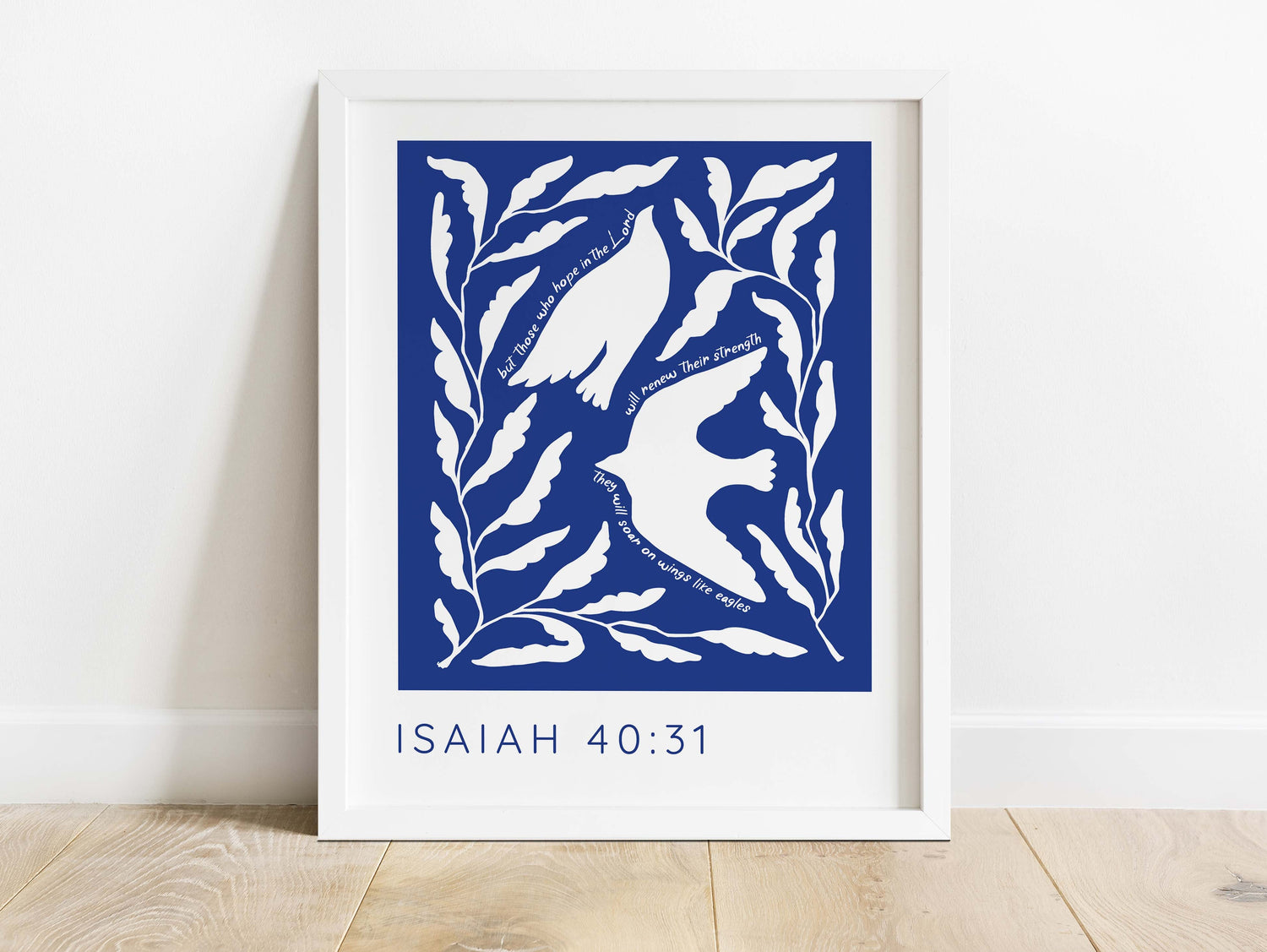 Elevate your decor with Isaiah 40:31 Bible verse prints - Two white birds amidst leaves, carrying the empowering message
