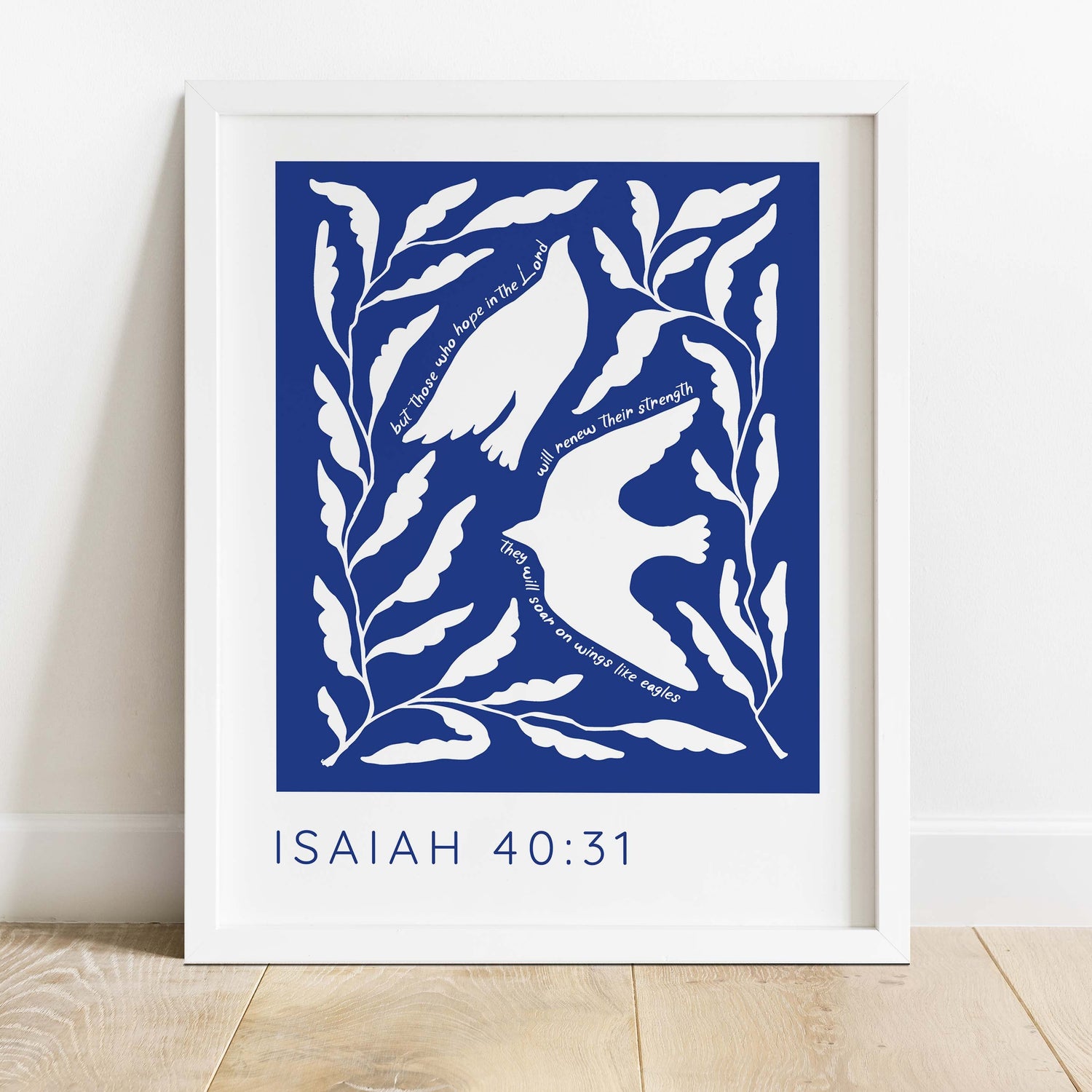 Elevate your decor with Isaiah 40:31 Bible verse prints - Two white birds amidst leaves, carrying the empowering message