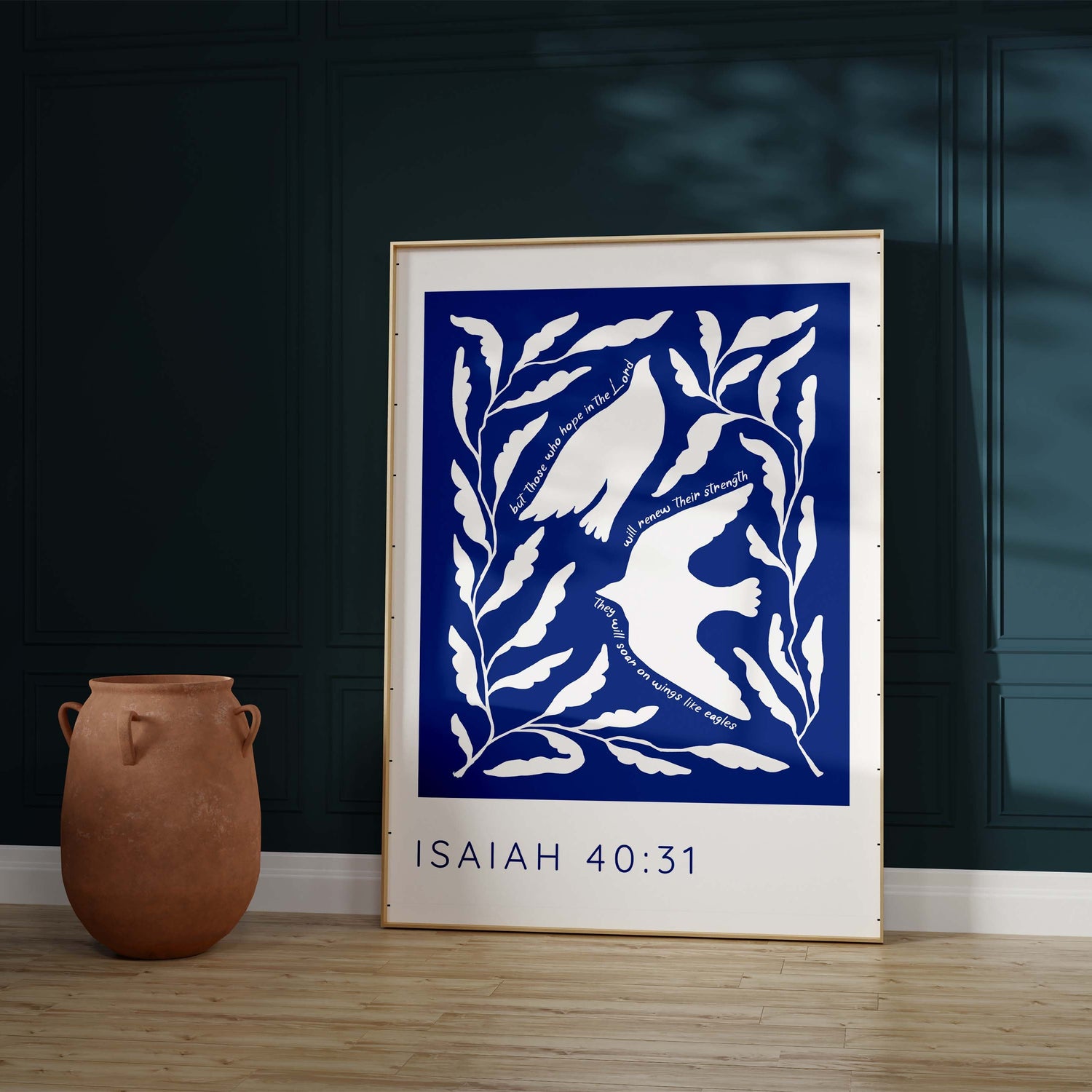 Isaiah 40:31 artwork - Two white birds and leaves on dark blue, reminding us to find strength and hope in the Lord