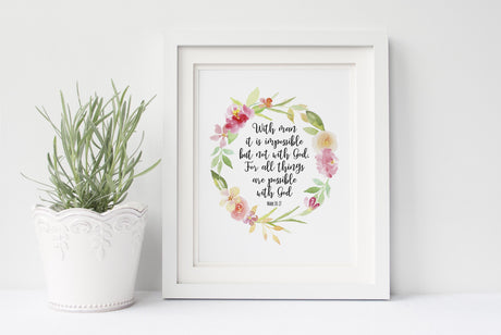 With Man It is Impossible Print, Mark 10 27 Wall Art Poster Prints, Crafty Cow Design Christian Art Prints