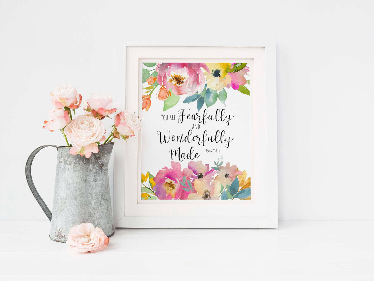Unique Christian gift with scripture and flowers, Inspirational wall art with Psalm 139:14, Botanical design Psalm 139:14 home accent