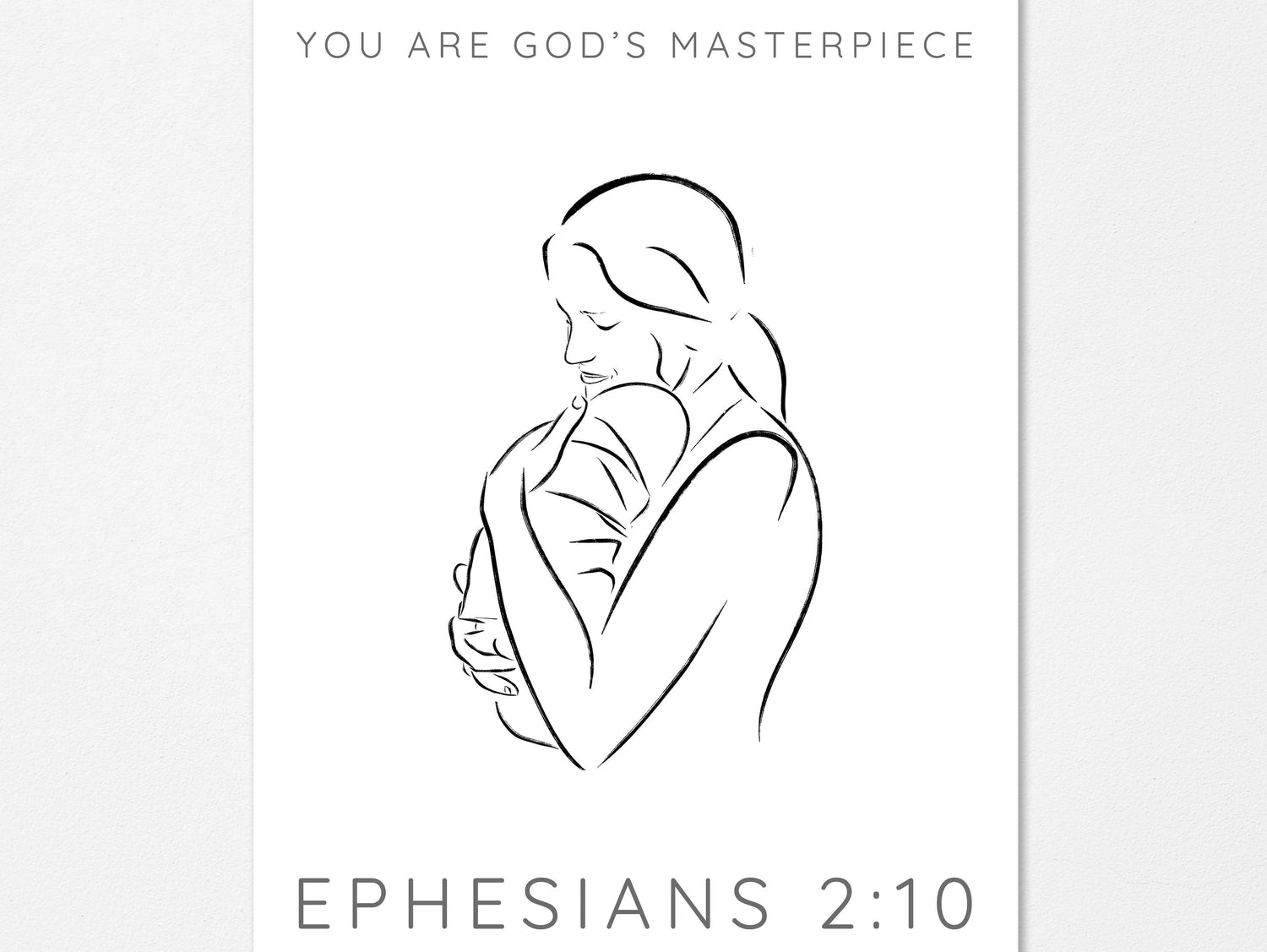 scripture art celebrating God's masterpiece creation, Line drawing of mother and baby with uplifting scripture