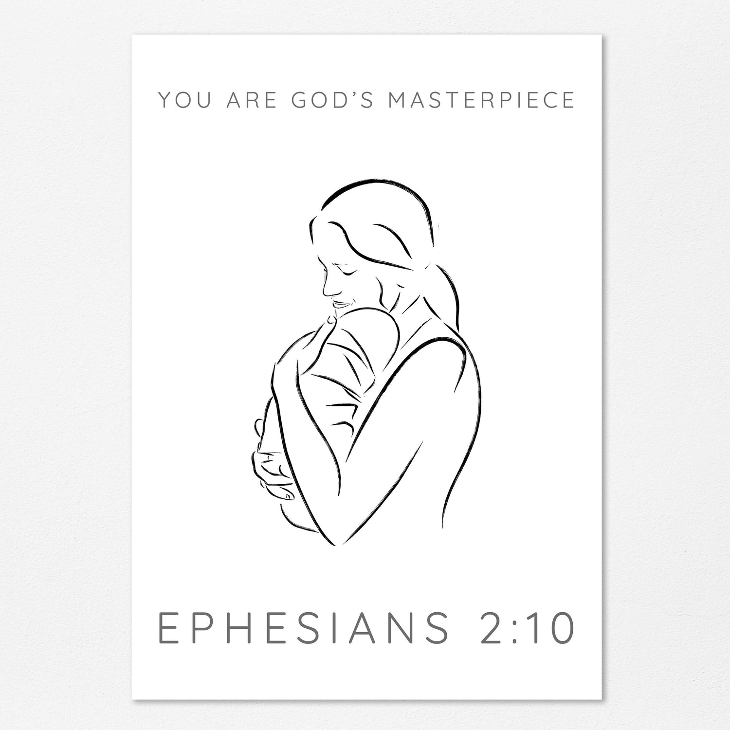 scripture art celebrating God's masterpiece creation, Line drawing of mother and baby with uplifting scripture