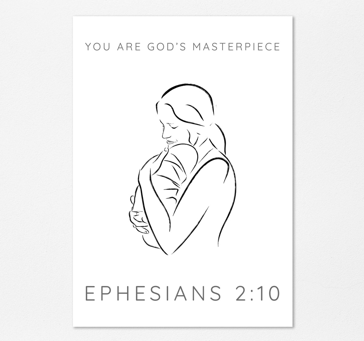 scripture art celebrating God's masterpiece creation, Line drawing of mother and baby with uplifting scripture