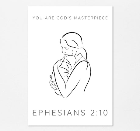 scripture art celebrating God's masterpiece creation, Line drawing of mother and baby with uplifting scripture