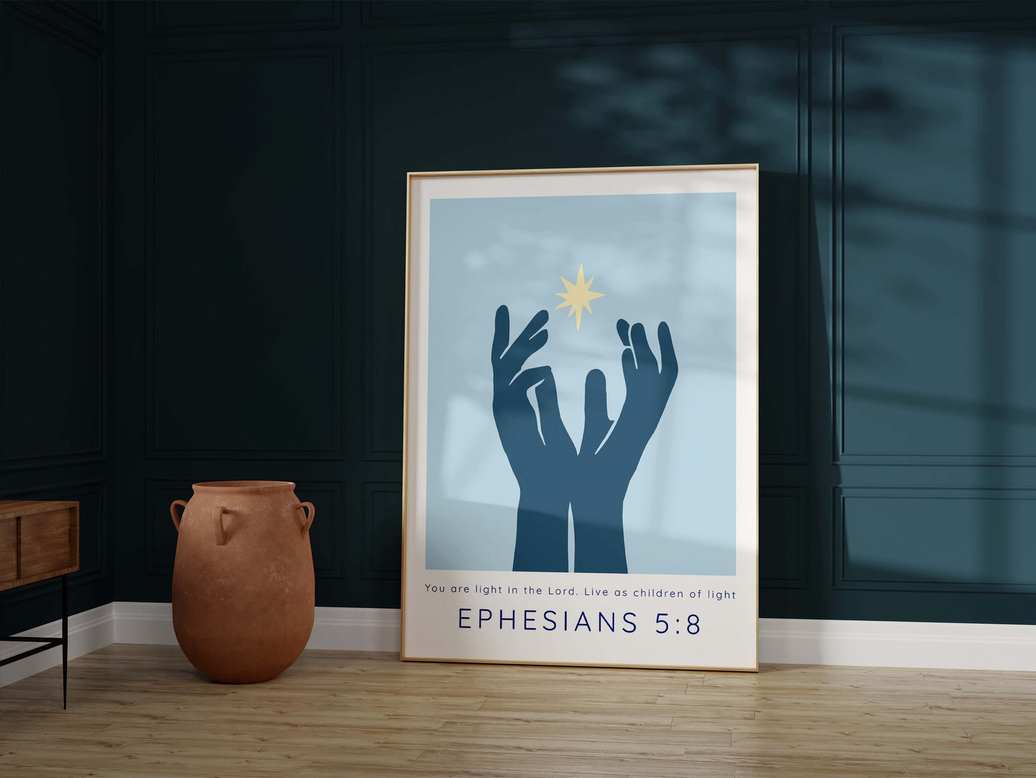 bible verse print with uplifting scripture about light, Hands reaching for light on light blue background print