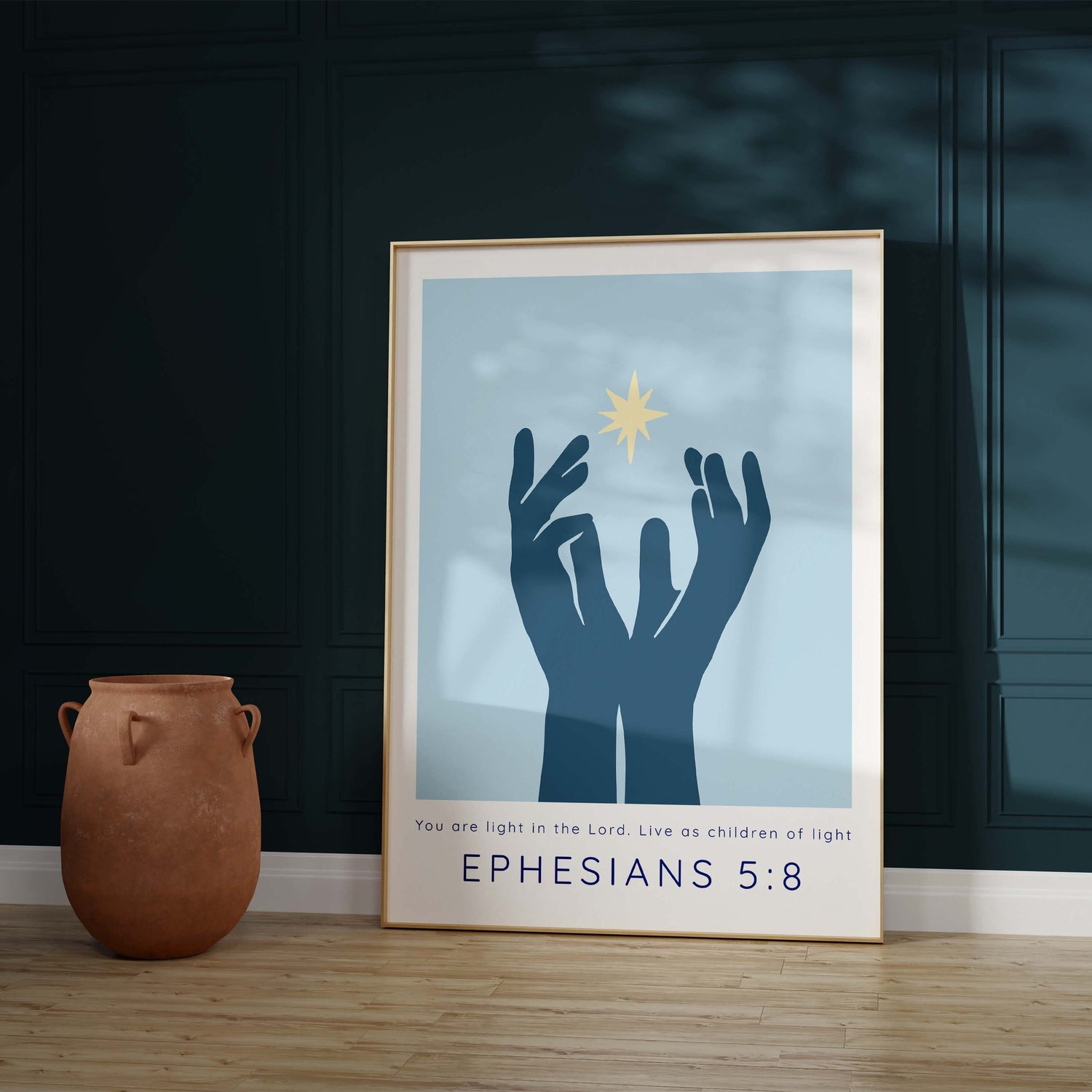 bible verse print with uplifting scripture about light, Hands reaching for light on light blue background print