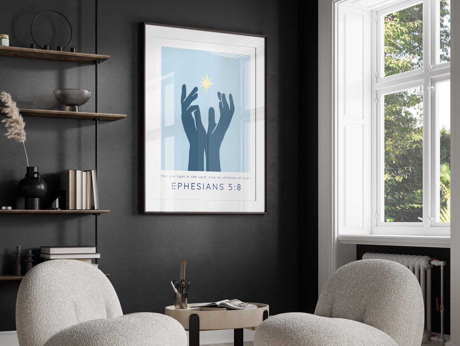 Inspirational wall art with verse from Ephesians 5:8, Spiritual home decor with hands and radiant light imagery