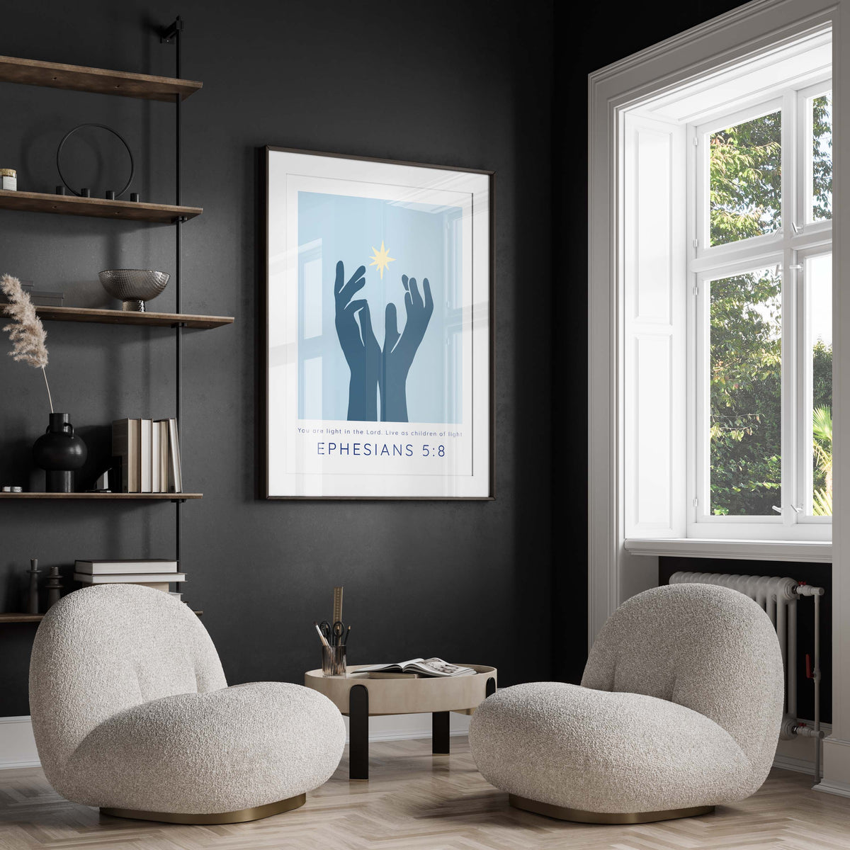 Inspirational wall art with verse from Ephesians 5:8, Spiritual home decor with hands and radiant light imagery