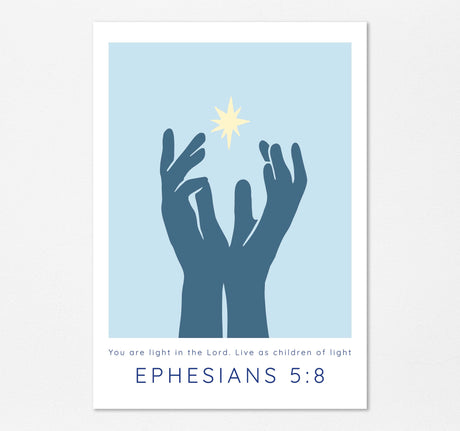 bible verse print with uplifting scripture about light, Hands reaching for light on light blue background print