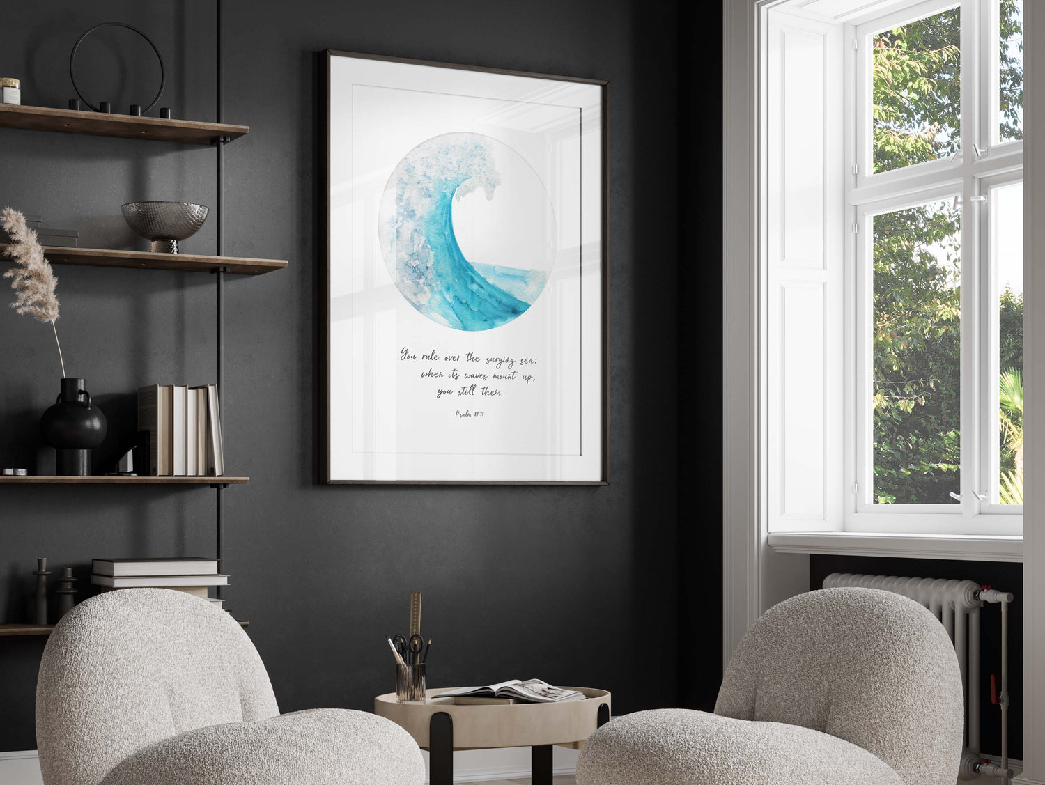 Decorate with faith and nature – Psalm 89:9 quote below a captivating turquoise wave, bringing comfort to your home.