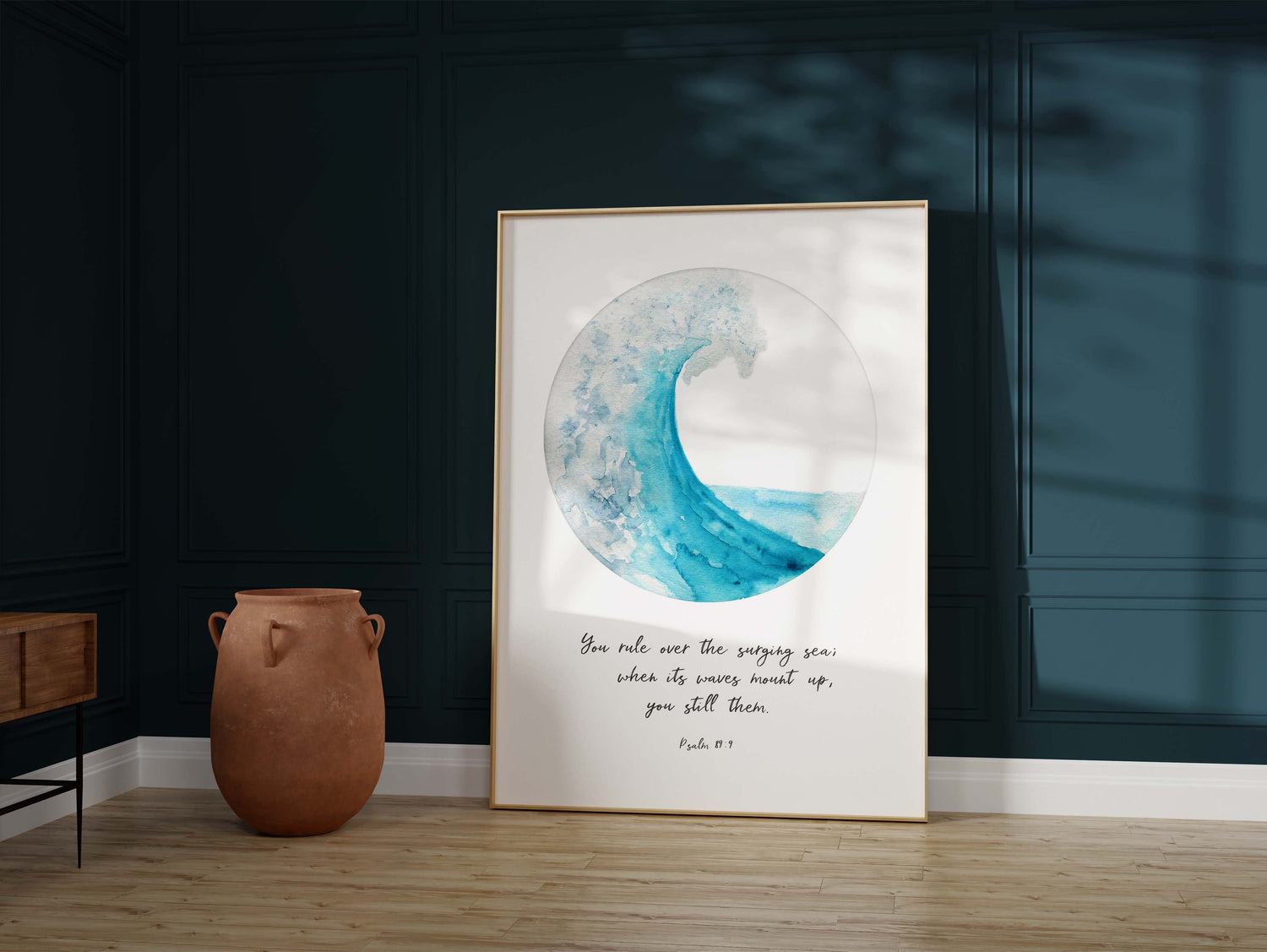 Embrace tranquility and faith – Psalm 89:9 quote paired with a circular turquoise wave print for an inspiring ambianc