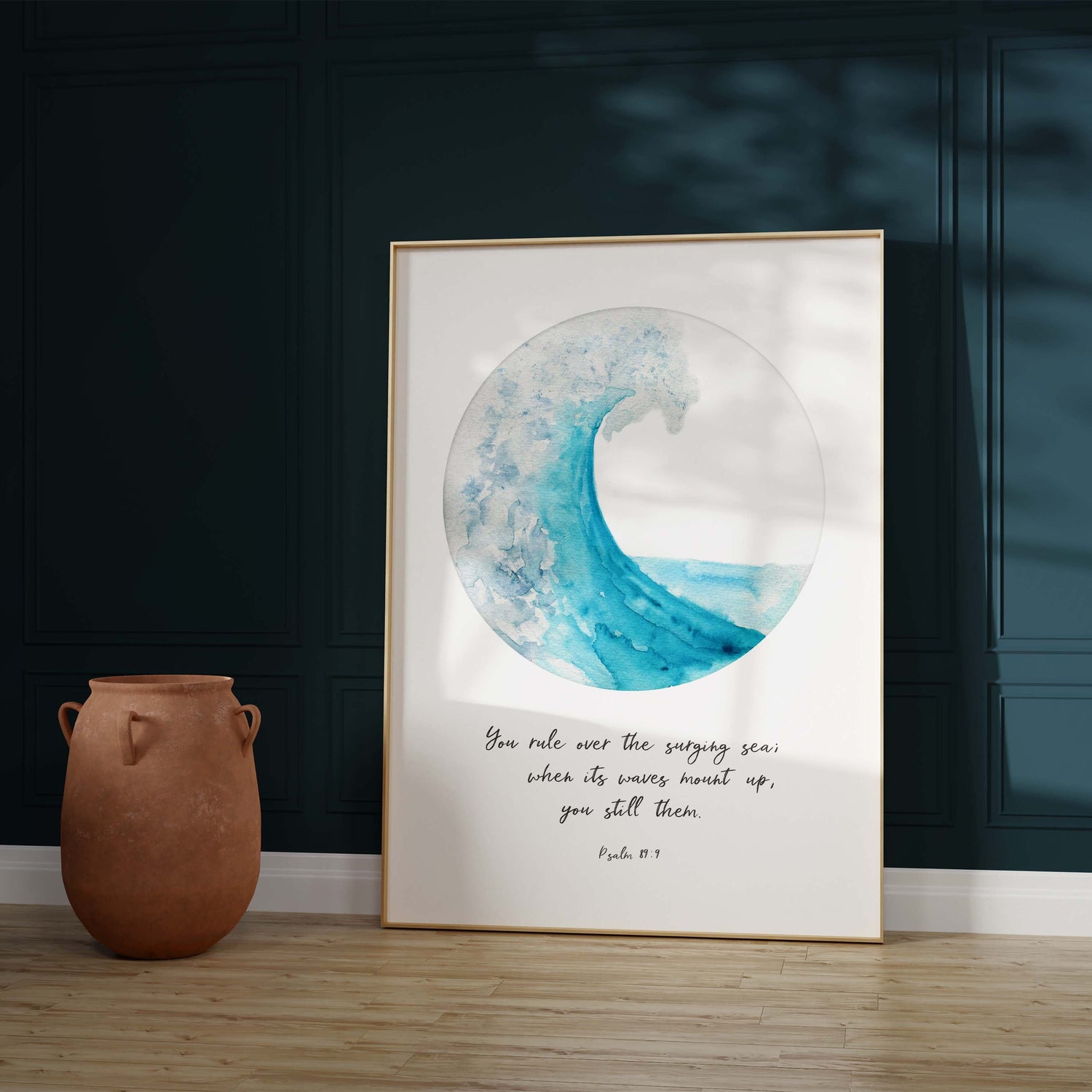 Embrace tranquility and faith – Psalm 89:9 quote paired with a circular turquoise wave print for an inspiring ambianc