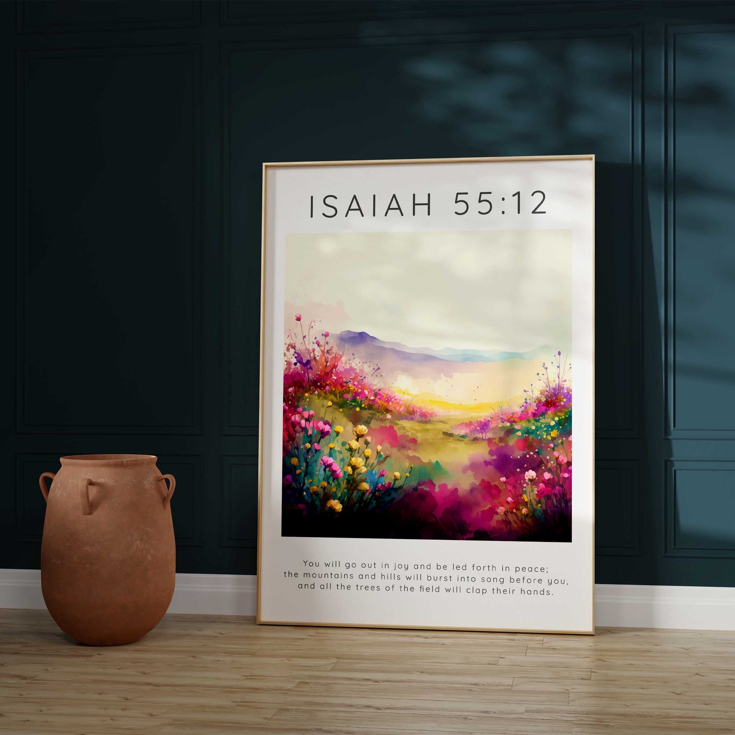 Christian scripture print for serene spaces, Tranquil and vibrant meadow wall art, Encouraging words in a pink floral setting