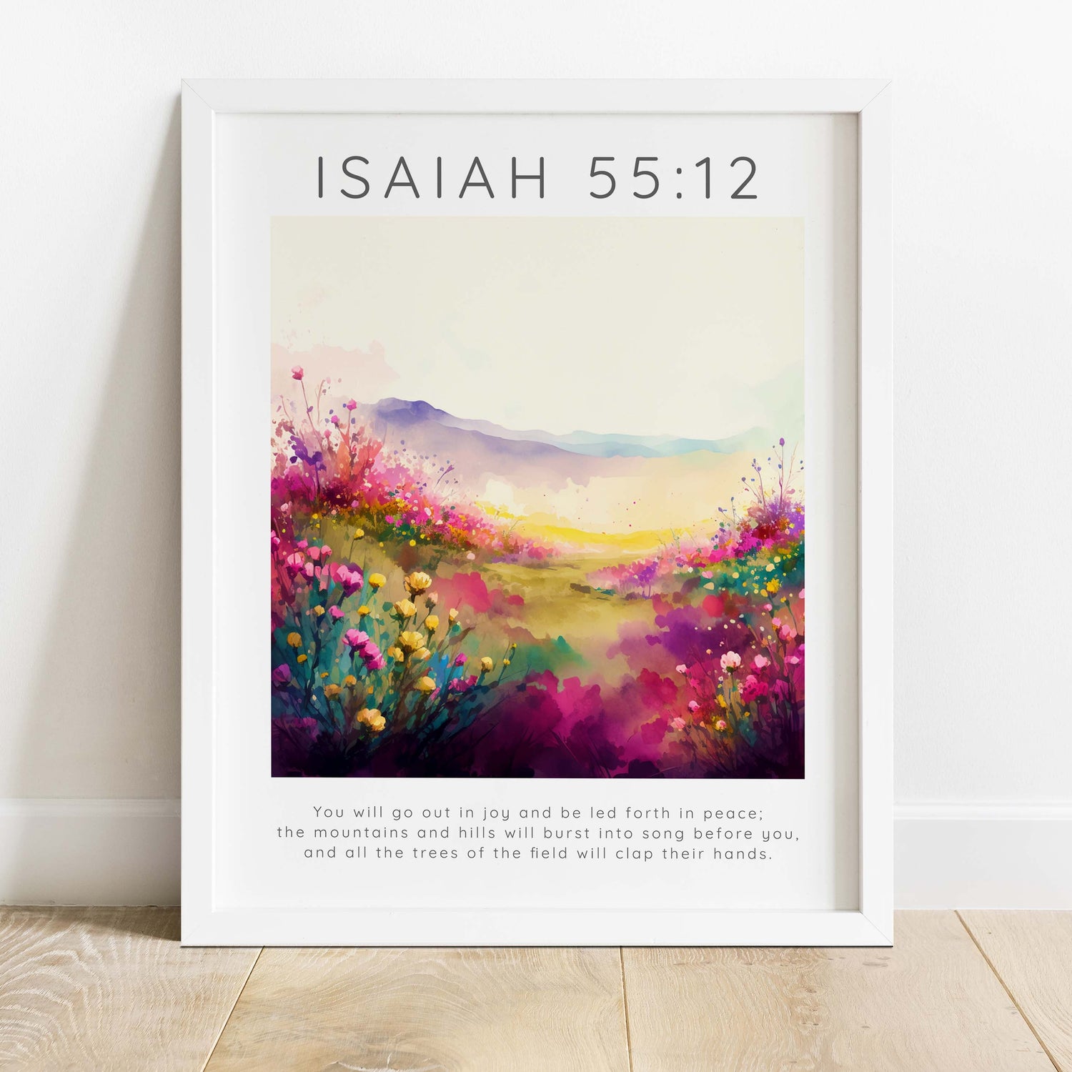 Meaningful gift of joy and peace wall art, Serene and colorful flower meadow wall print, Isaiah 55:12 Bible verse flower meadow print