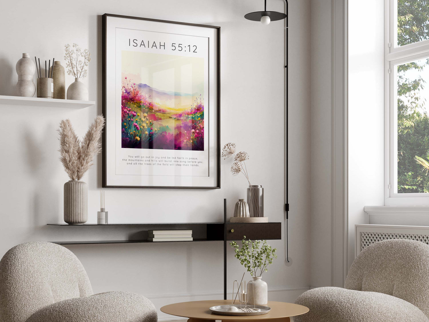 Scripture-inspired joy and peace artwork, Inspirational home decor with Bible verse, Pink colour scheme in Isaiah 55:12 print