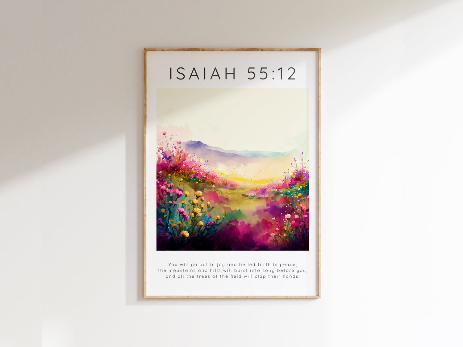 Isaiah 55 12 Christian Wall Art, Modern Faith Decor Christian Shop, Isaiah 55:12 Bible verse pink flower meadow print