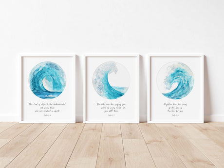 Ocean Christian Wall Art Prints, Bible Verses About Encouragement 3 Print Set