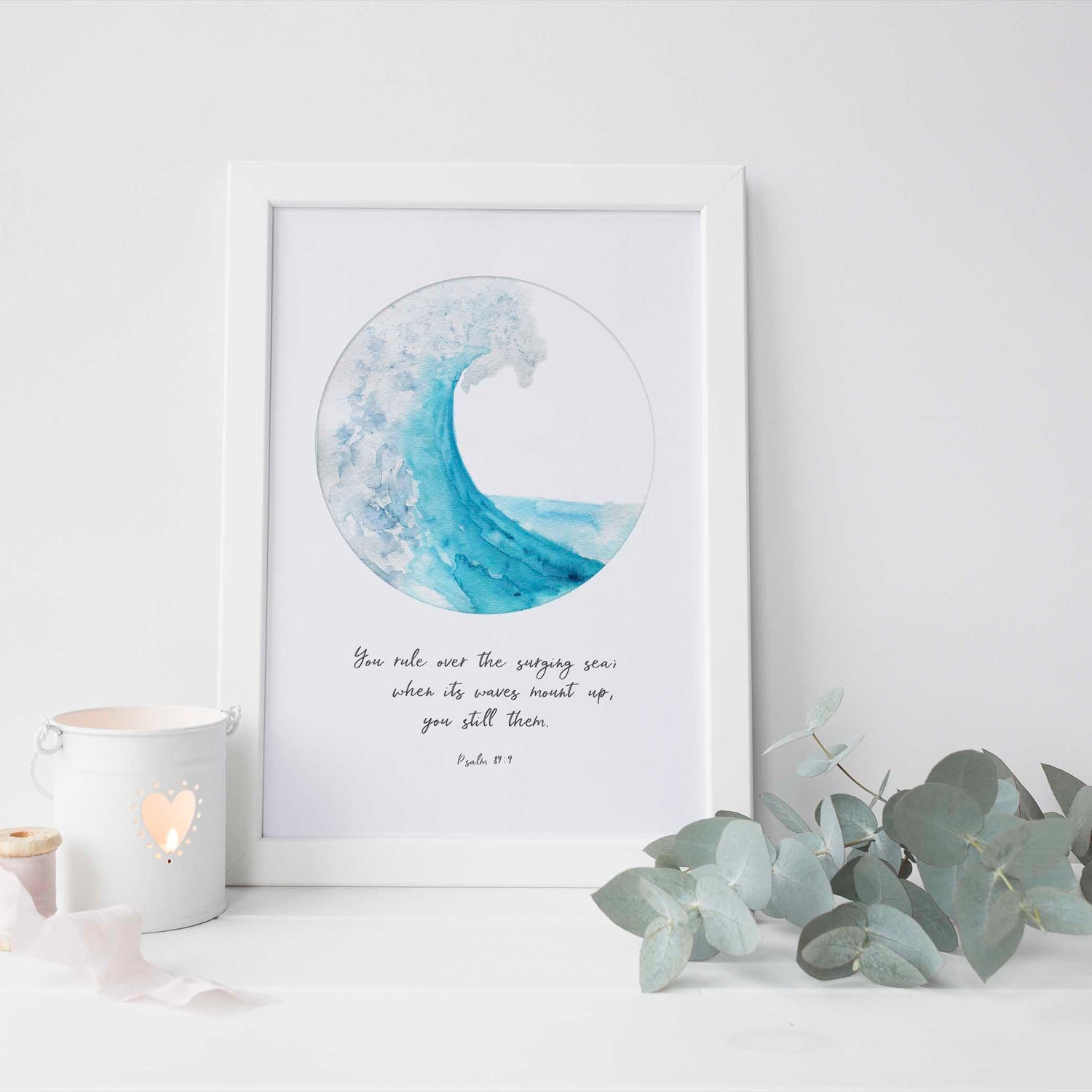 Psalm 89:9 - Christian ocean art with turquoise wave circle for living room bedroom decor.