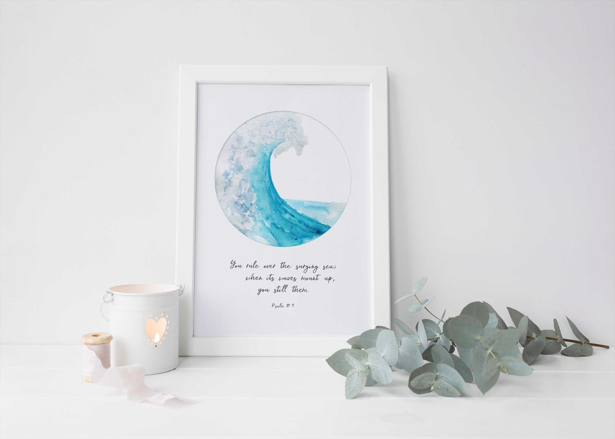 Psalm 89:9 - Christian ocean art with turquoise wave circle for living room bedroom decor.