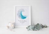 Psalm 89:9 - Christian ocean art with turquoise wave circle for living room bedroom decor.