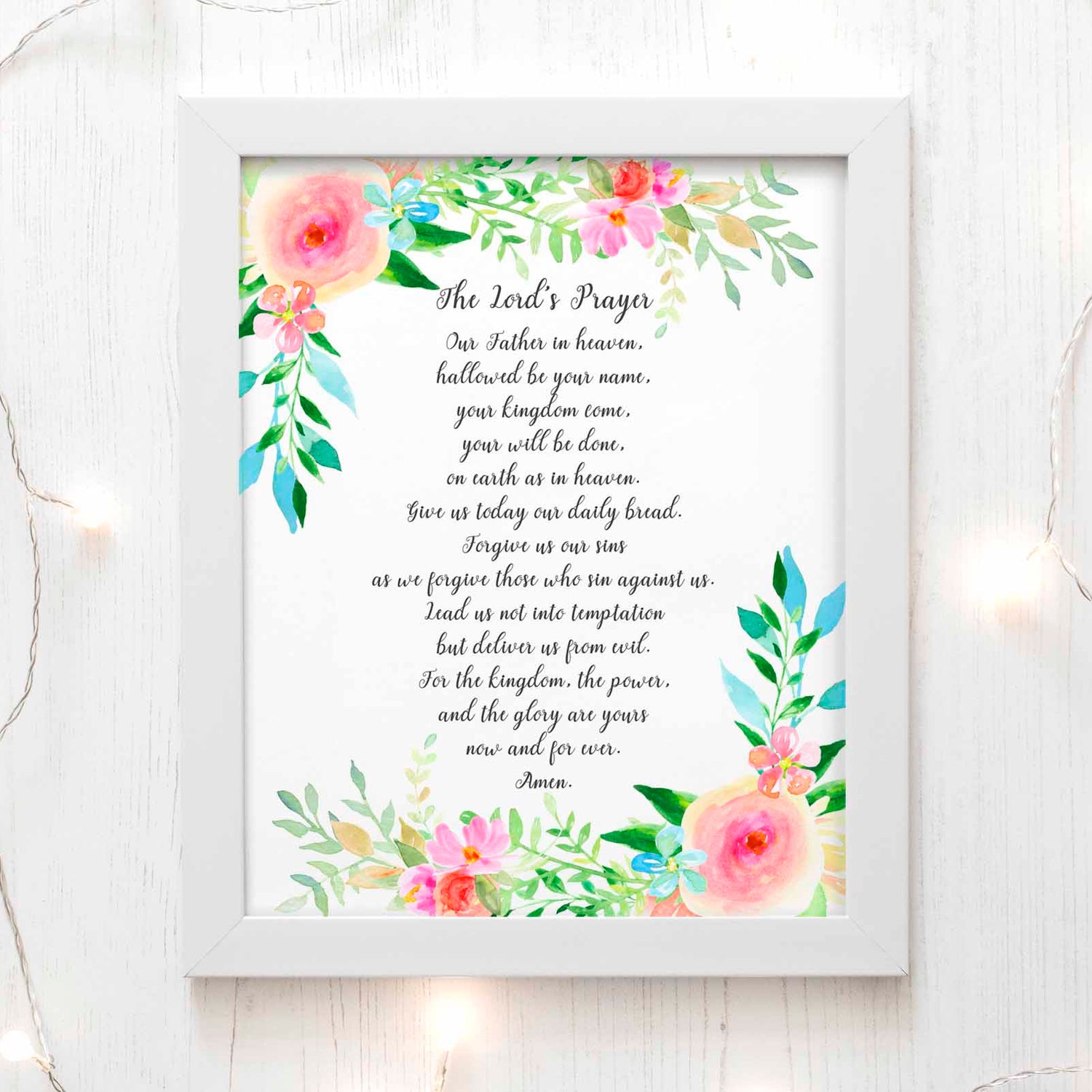 Floral Elements Grace Contemporary Lord's Prayer Art, Perfect for Spiritual Homes.