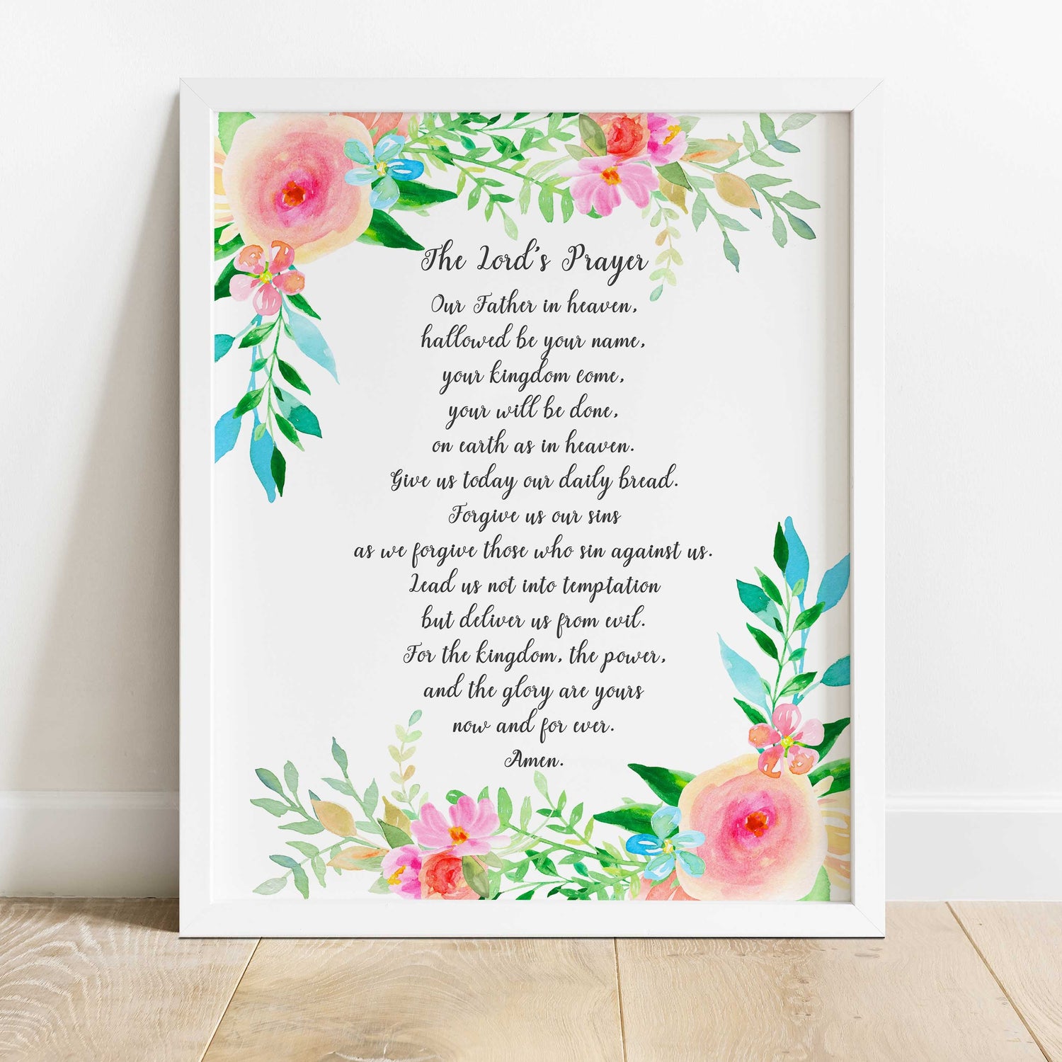 Graceful Floral Print with the Lord's Prayer, Modern Typography for Faithful Interiors. Inspiring Devotion.