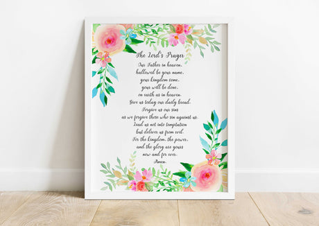 Graceful Floral Print with the Lord's Prayer, Modern Typography for Faithful Interiors. Inspiring Devotion.