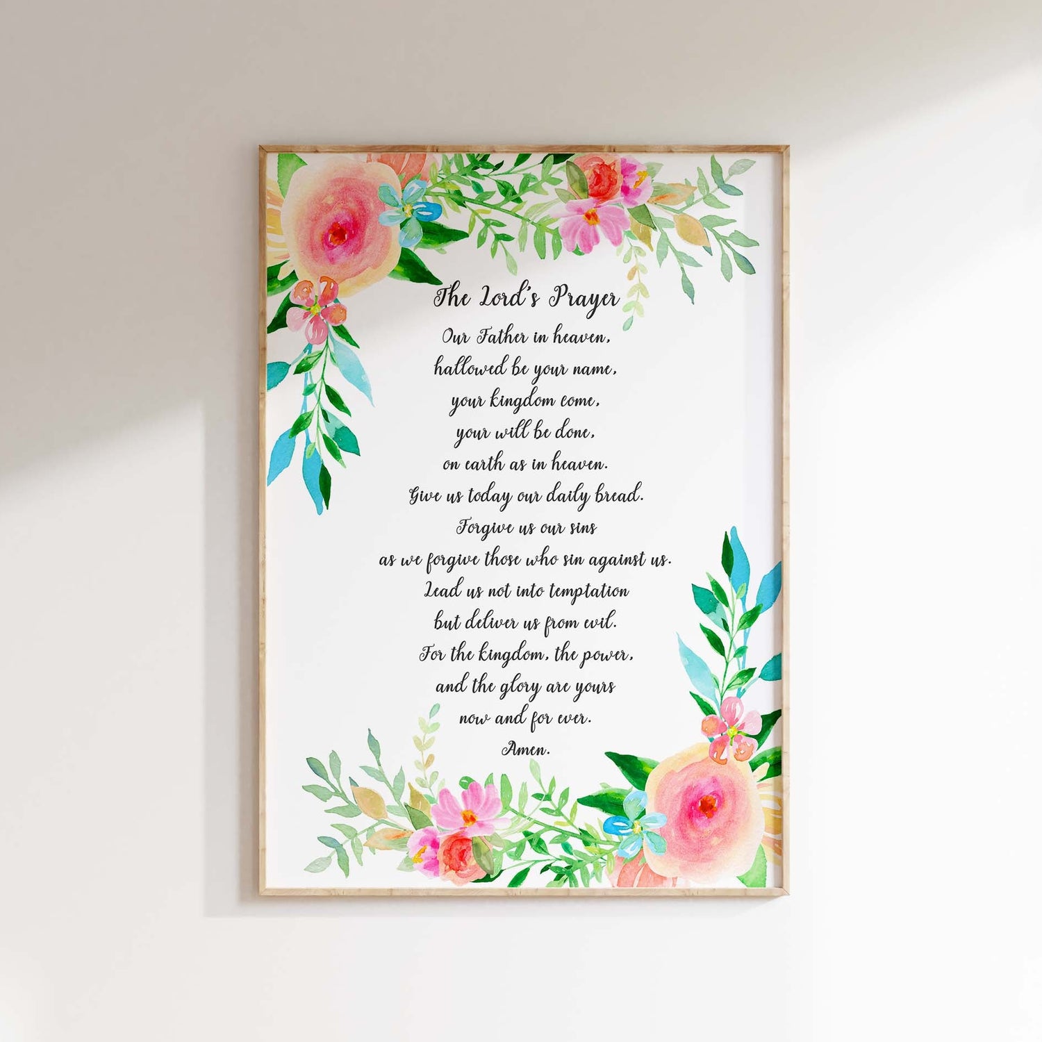 The Lords Prayer Christian Wall Art Print, Floral Bible Verse Poster, Contemporary Floral Lord's Prayer Typography