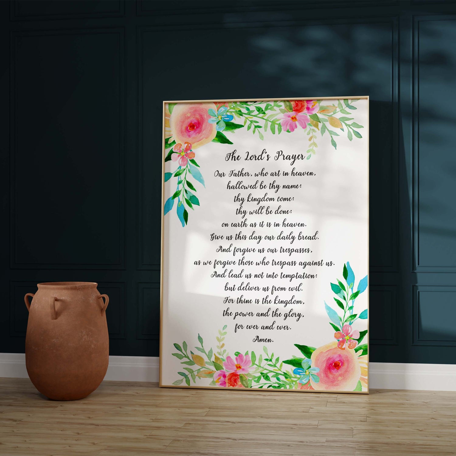 Timeless elegance: Lord's Prayer art, old-style wording, delicately framed with florals and leaves, offered in diverse sizes