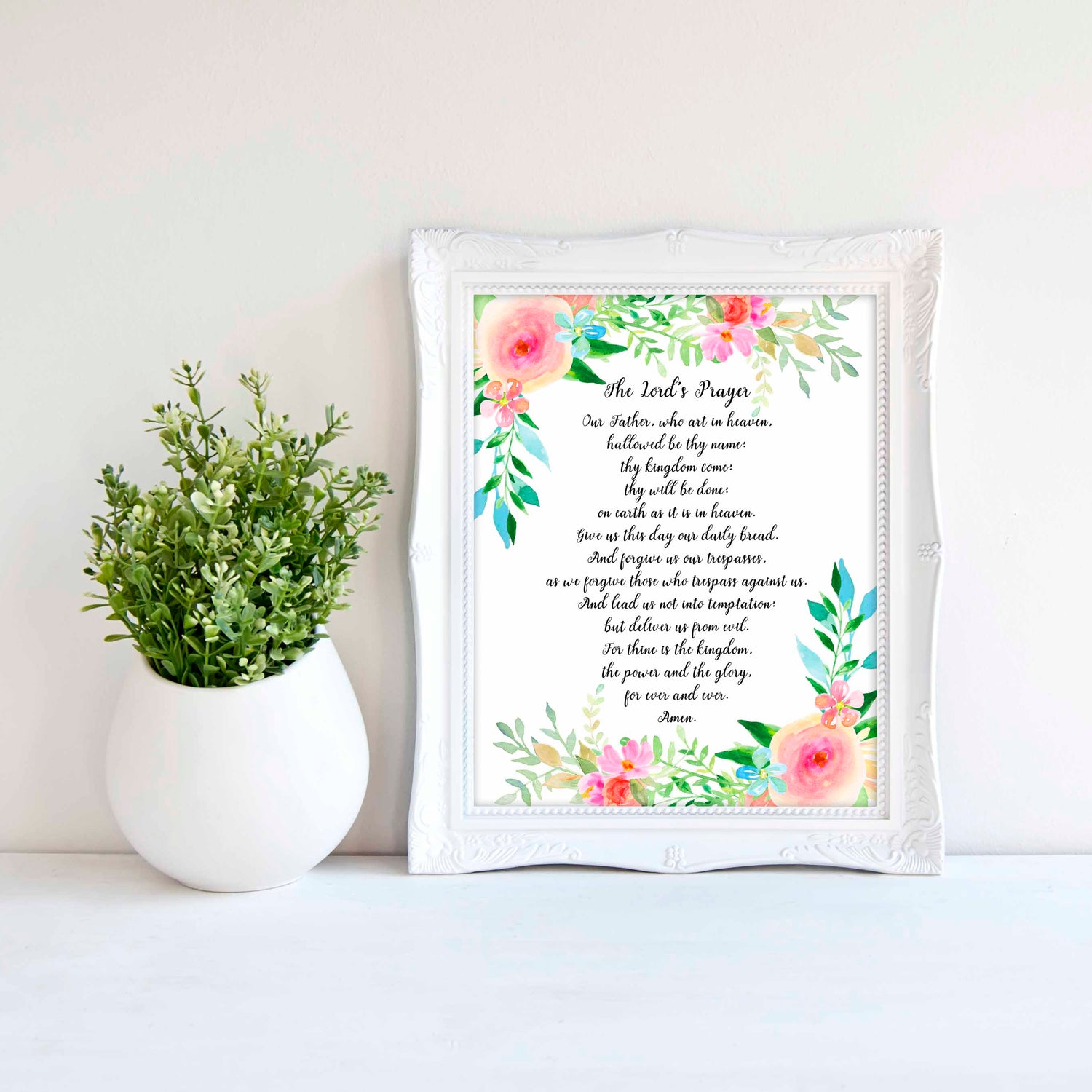 Traditional Version of Lords Prayer Picture with delicate florals and leaves in diverse sizes - Perfect Christian Gift