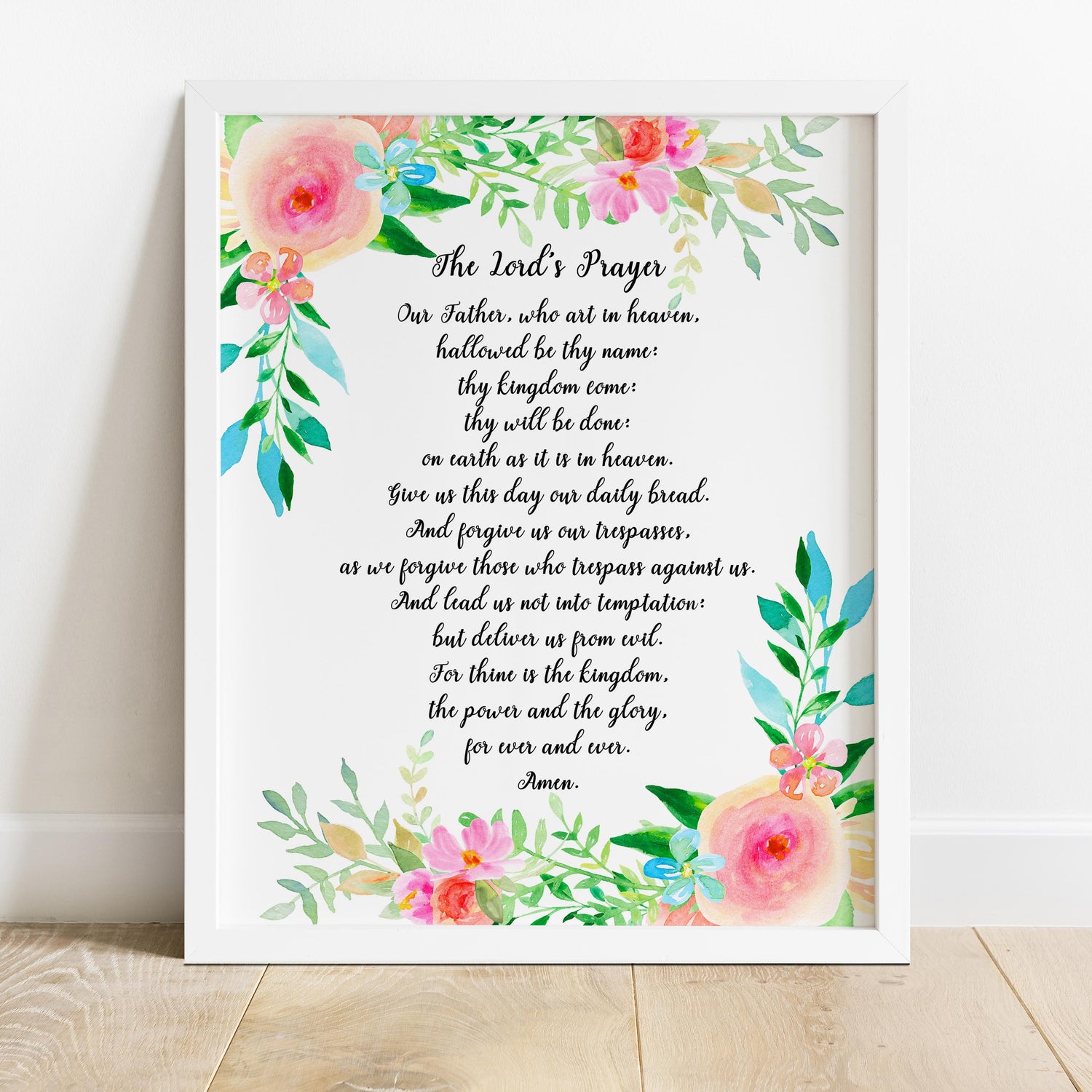Find solace in our Lord's Prayer print, adorned with delicate florals and leaves, evoking tradition and faith in varied sizes