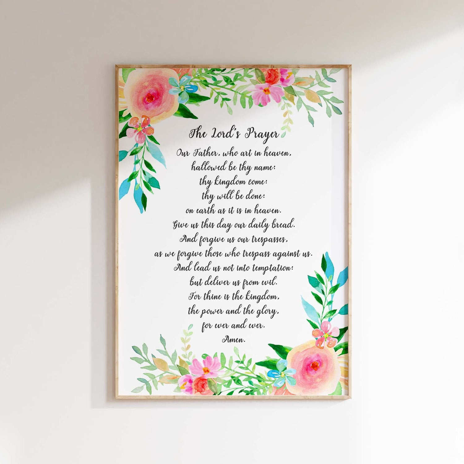 Enhance your space with a captivating Lord's Prayer artwork, surrounded by florals and leaves, available in multiple sizes