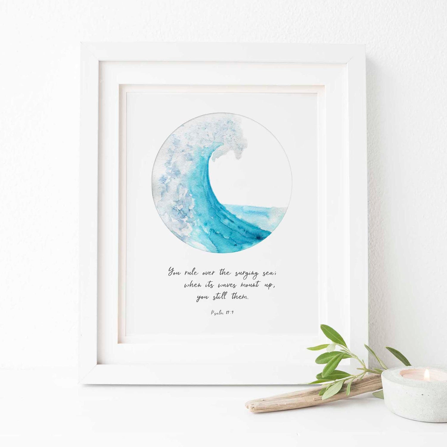 Psalm 89:9 - Ocean bible verse wall art showing crashing wave and God rules surging sea scripture.