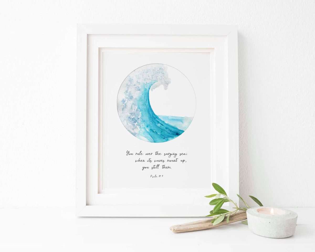 Psalm 89:9 - Ocean bible verse wall art showing crashing wave and God rules surging sea scripture.
